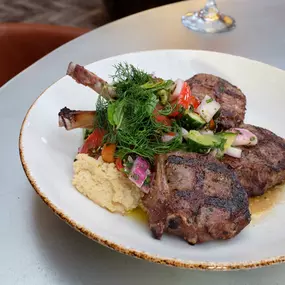 WOOD-GRILLED LAMB CHOPS | Lebanese tomato salad, classic hummus, fresh herbs