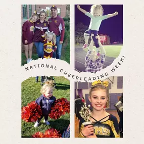 Happy National Cheerleading Week! 
Jesseca here at Jason Hodgdon State Farm! From a cheerleader to a coach alongside my hubby Brian, our home is filled with pom-poms and pride! Watching our kids cheer like pros reminds me of the thrill, teamwork, and yes... those inevitable tumbles. 
If your child is an athlete like mine, we have coverage to help with accidental injury. Contact us today to learn more! 
 Here’s to the kicks, flips & all the stunts—may we never lose our determination and spirit!