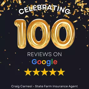 The Craig Carnesi State Farm Insurance team thanks you for 100 Google reviews! Give us a call for a free quote today!