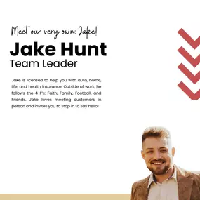 Say hello to Jake! As a Team Leader at Team Paxman, he’s here to help with auto, home, life, and health insurance. When he’s not assisting customers, he enjoys the 4 F’s: Faith, Family, Football, and Friends.