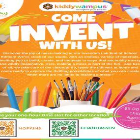 ????✨ Dive into messy creativity at our Invention Lab End of School Edition! ???? Let your imagination soar amidst endless materials. No limits, just fun! Leave tidiness behind and join the messy adventure! ????

SCHEDULES:
(Sunday) May 26, (Tuesday-Friday) May 28-31 & (Monday- Friday) June 3-7 - 10:00 AM- 4:00 PM.
Reserve your one-hour time slot for either location:
CHANHASSEN: https://bit.ly/inventionlabChanhassen
HOPKINS: https://bit.ly/inventionlabhopkins