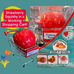 This doll-sized shopping cart is adorable! ????
And it comes with a big squishy strawberry?!? How cute is that?