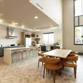 a kitchen and dining room with a wooden table and chairs