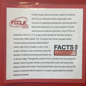 Proudly presenting Anthony Wayne Jr. High FCCLA youth bumper stickers to bring awareness and help eliminate distracted driving. Please stop by to see their artwork; they did a great job! Our kids are pleading: put down the phone.