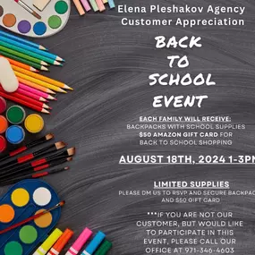 You’re Invited! Customer Appreciation Back-to-School Event!

Join us for a fun-filled afternoon as we celebrate YOU, our amazing customers, at our special Back-to-School Event!

Date: August 18, 2024
Time: 1:00 PM - 3:00 PM

Activities, 
Fun and Gifts:
Refreshments for all guests
LEGO Building Station
Arts and Crafts Corner
Playdough Play Area
Backpacks with School Supplies
$50 Amazon Gift Cards

Come and enjoy an afternoon of creativity, laughter, and community! Bring your school age children (