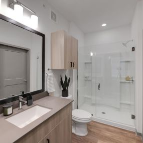 Bathroom with a large mirror and a toilet sink