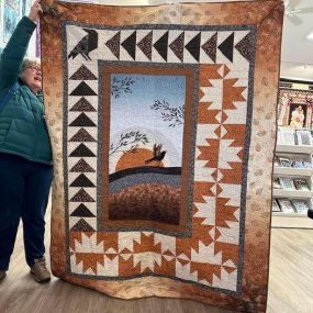 One of our book club members did a combination of borders! Part Karen Montgomery and part her own! Paper pieced raven, the quilt is going to be named Raven’s Calling! There is no actual pattern. This is what imagination can do!