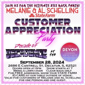 What were you doing December 1, 2004? Mel and I were opening our first State Farm office in Decatur!!! To thank our customers for their 20 years of support, we would like to invite them to a free show at the Devon Lakeshore Amphitheater on Saturday, September 28!  ????????????????????