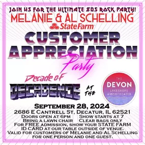 What were you doing December 1, 2004? Mel and I were opening our first State Farm office in Decatur!!! To thank our customers for their 20 years of support, we would like to invite them to a free show at the Devon Lakeshore Amphitheater on Saturday, September 28!  ????????????????????