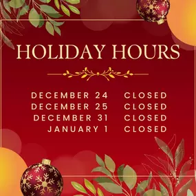 Happy Holidays, here is our holiday hours for next week and the following week for New Years! We hope everyone has a safe and wonderful holiday season. ????