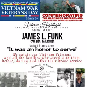 Today we honor James Funk, who serve honorably in Saigon 1966-1967 along with all those who went to battle, no matter what their view, and the families that stood with them.  Some of us will never know the cost of your service, but we thank you for being brave.