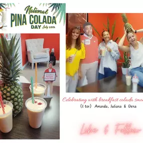 HAPPY NATIONAL PINA COLADA DAY!  We started celebrating early this morning-  Amanda blended up a perfect pitcher of Pina Colada breakfast smoothies, that tasted like a beach vacation in every sip! (minus the rum- we're professionals so of course) Did you know this tropical drink originated in Puerto Rico in the 1950s?  Did you also know that the coconut and pineapple in this tropical drink are packed with amazing health benefits? Coconut is rich in healthy fats and can improve digestion, while p