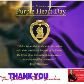 National Purple Heart Day Take a moment to honor the truly brave that gave their lives for our country and think about just what their sacrifice meant for their families. Thank you doesnt seem big enough to express of gratitude but Thank You
#VictoriaCarosella #PurpleHeart #GratitudeUSA