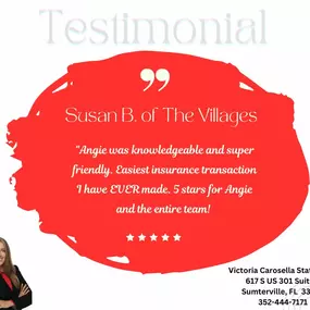 Thank you Susan B. of The Villages for your kind words and the 5 Stars- we love to hear from our customers!
#VictoriaCarosellaStateFarm #testimonial #CustomerSatisfaction