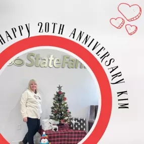 Happy 20th State Farm Anniversary Kim! Thank you for your hard work and dedication to State Farm and our team! We are truly thankful for all that you do for not only us but our amazing customers, as well. We are lucky to have you!