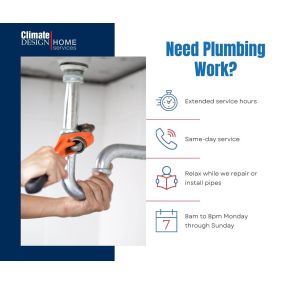 Need plumbing work? 

We have Extended Service Hours and Same - day Service, You can relax while we repair or install pipes and we are available 8AM to 8PM 7 Days a Week