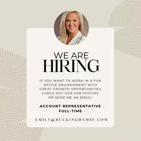 WE’RE HIRING! Join our fast-paced office with growth and networking opportunities. If you’re driven, customer-focused, and eager to grow, send us your resume today!