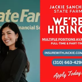 Join our team at Jackie Sanchez State Farm and have a positive impact on the lives of individuals in our community!

We are currently seeking to fill multiple positions, both full-time and part-time, at our Redondo Beach office. Visit our website or call us for more information on how to pursue a fulfilling career with ample opportunities for advancement.