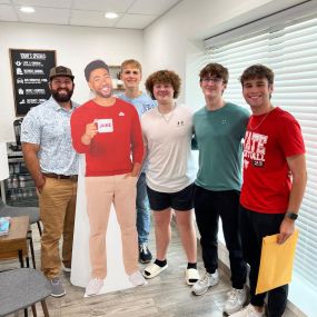 Today we had to say goodbye to our Jake…aka the cutout of Jake! We got hit up today by Holliday High School seniors on their “beg day”! These sharp young men came in asking for something to take back to their school to auction off. What better gift than the office favorite, Jake! But don’t worry, Jake will be back!