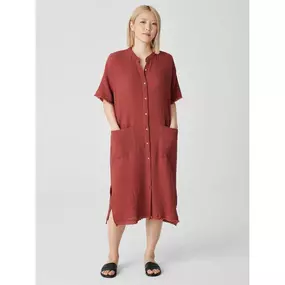 Eileen Fisher Cotton Gauze Mandarin Collar Dress-Picante - A versatile mandarin collar dress you'll reach for all season.