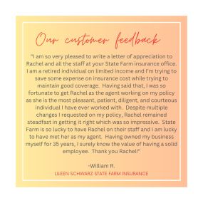 Our wonderful team member Rachel is getting the spotlight this week! Thank you William for trusting State Farm with your insurance needs. #TeamSpotlight #StateFarmInsurance #CustomerAppreciation #InsuranceServices