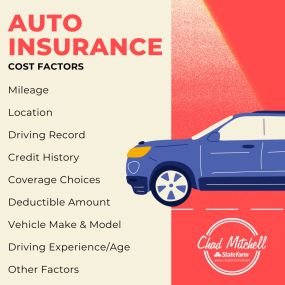 There are many factors that determine cost for auto insurance. Listed below are the most common factors to consider. Our team is here to help you with your insurance needs!