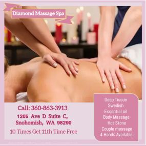Diamond Massage Spa, 
is the place where you can have tranquility, absolute unwinding and restoration of your mind, 
soul, and body. We provide to YOU an amazing relaxation massage along with therapeutic sessions 
that realigns and mitigates your body with a light to medium touch.