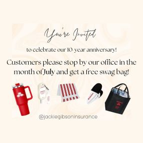 Come by our office anytime in the month of July and let us fill a bag for you!! We would love to see you! ???? #gibsonstatefarm #10thyear #calvertcounty #statefarm #weloveourcustomers
— at Jackie Gibson- State Farm Agent.
