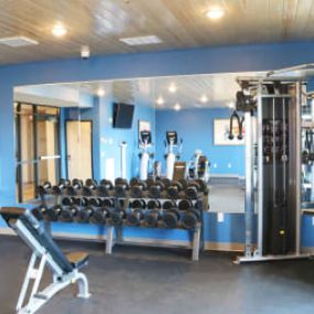 a fitness room filled with cardio machines and weights