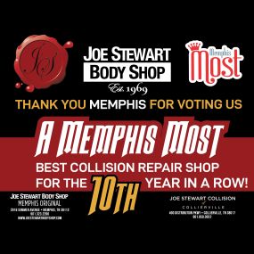 Joe Stewart Collision named best collision repair shop for the 10th year in a row, by Memphis Most.