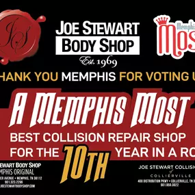 Joe Stewart Collision named best collision repair shop for the 10th year in a row, by Memphis Most.