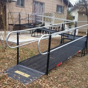 The Amramp Denver team received a call on Friday afternoon from an insurance company to install an urgent wheelchair ramp for a client 80 miles away in Frederick, Colorado. They did the evaluation on Saturday and passed up the football game on Sunday to install this 49 foot wheelchair ramp with 3 turn platforms instead so the client could be discharged from the hospital.