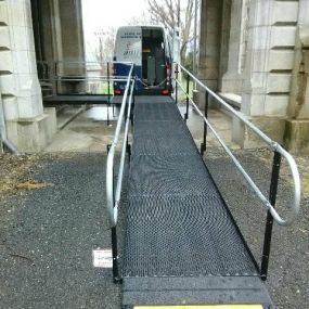 The Amramp CT team installed this temporary wheelchair ramp and stair system to provide access during construction at the Lockwood-Mathews Mansion Museum, a national historic landmark in Norwalk, CT.