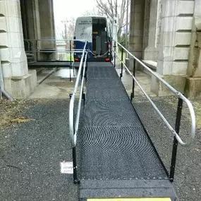 The Amramp CT team installed this temporary wheelchair ramp and stair system to provide access during construction at the Lockwood-Mathews Mansion Museum, a national historic landmark in Norwalk, CT.