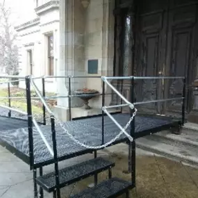 The Amramp CT team installed this temporary wheelchair ramp and stair system to provide access during construction at the Lockwood-Mathews Mansion Museum, a national historic landmark in Norwalk, CT.