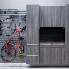 Garage Cabinets with Slatwall and Bike Rack