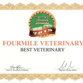 The entire team at Fourmile Veterinary Clinic would like to take a moment to thank you for voting us 'Best Veterinary Practice' in Fremont County. This honor means so much to us, and we look forward to continue providing only the BEST in veterinary medicine.