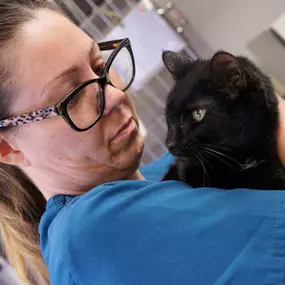 One of our veterinary technicians cuddles one of our sweet patients. At Family Pet Clinic we do everything we can to make sure your sweet pets are happy and comfortable when they visit.