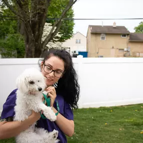 This pup enjoys a supervised potty break outside in our fenced-in yard!