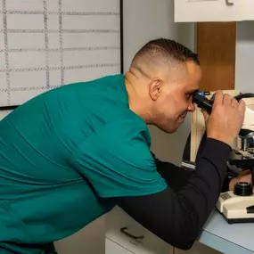 A veterinary technician examines a sample using a microscope in our on-site diagnostic laboratory.