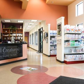 Take a walk into the bright and inviting lobby at All Creatures Veterinary Center!
