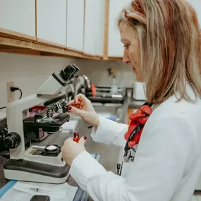 Dr. Rudd examines a specimen under a microscope.