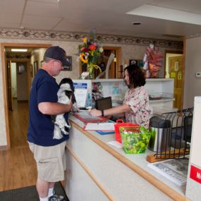 An adorable and eager pup is checking in for her annual wellness visit with one of our kind staff members!