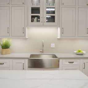 Sink Area, with a close-up look at the Calacatta Alpha quartz  countertop from LG Viatera