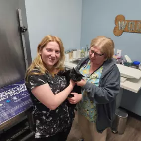 Our first patient visit, Juno, at our NEW hospital, with Dr. Mockler and Lindsey.