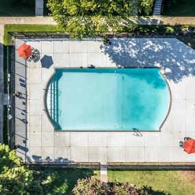 Arial view of a swimming pool in a backyard
