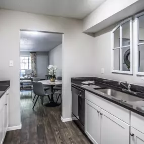 A kitchen and dining area