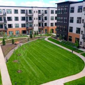 Aerial view of the building and the outdoor area