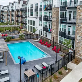 Aerial view of the pool and building