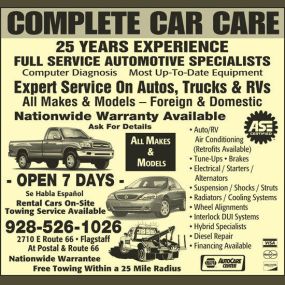 Complete Car Care has been providing quality auto repair in Flagstaff, Arizona for over 30 years.